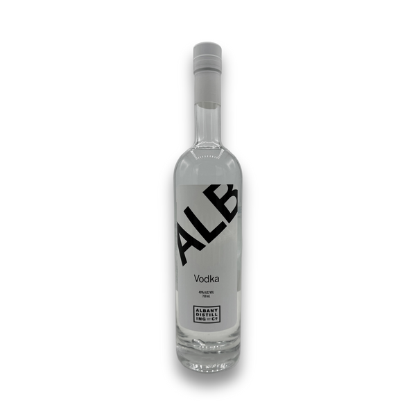 ALB Vodka 750ml clear glass bottle with white cap and gray label from Albany Distilling Co