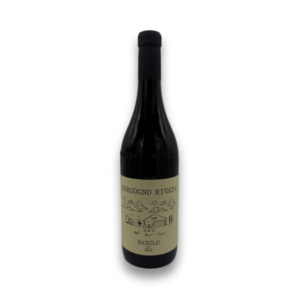 Borgogno Rivata Barolo DOCG 2022 Nebbiolo red wine bottle with beige label and rural illustration
