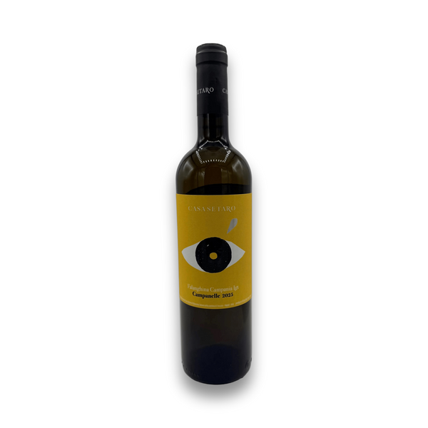Casa Setaro Campanelle Falanghina 2025 organic white wine bottle with mustard-yellow label