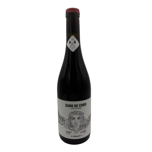 Celler Frisach Sang de Corb Terra Alta 2021 red wine bottle with Garnacha blend and stylized face label