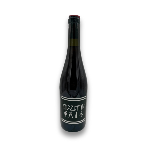 Wine bottle with 'Red-Zepplin' drawings of grapes, bottles, and wine openers shown on a black label on a white background