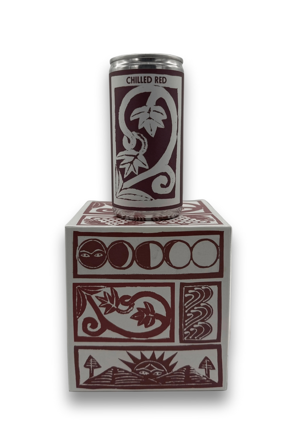 Famille du Vin Les tetes Rouges chilled red wine can with botanical label and moon phase packaging