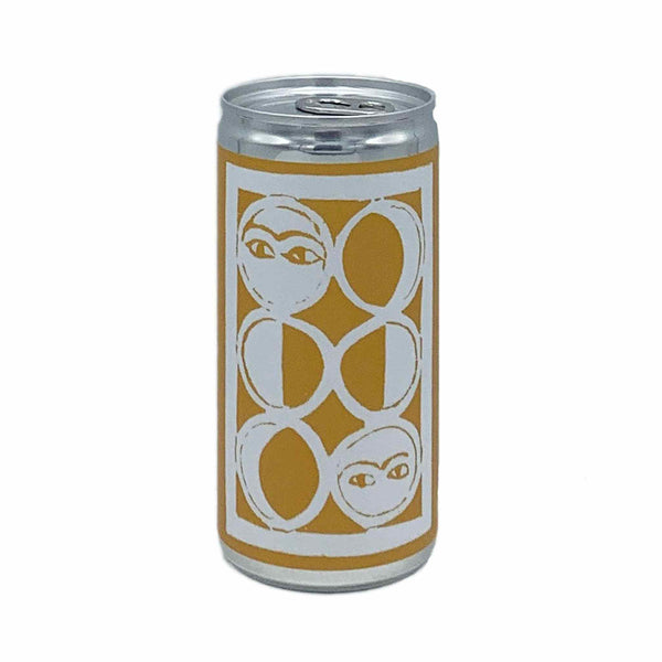Can of wine with a design of faces within circles on a white background