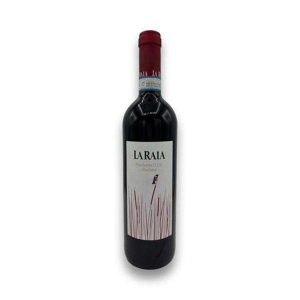 La Raia Barbera Piemonte red wine bottle with bird logo and green lettering