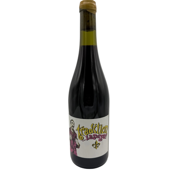 Bottle of La Sorga Tradition wine on a white background. The label illustrates Yellow and purple text to the right of a man in a purple suit.