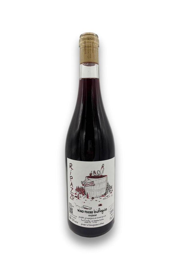 Bottle of Le Coste Ripazzo Rosso, a natural Italian red wine from Lazio made using the ripasso method with volcanic-soil grapes.