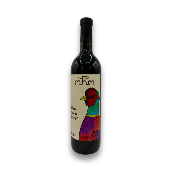 Ocho Saperavi Orange Wine 2023 bottle with colorful bird label illustration