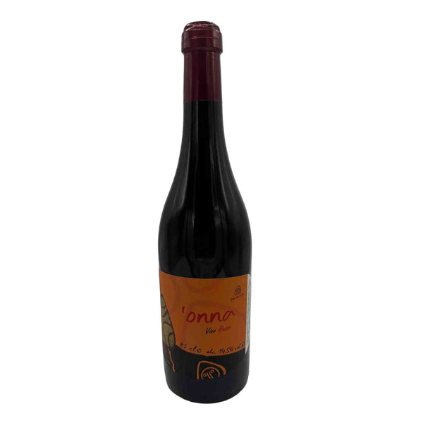Wine bottle with an orange label on a white background
