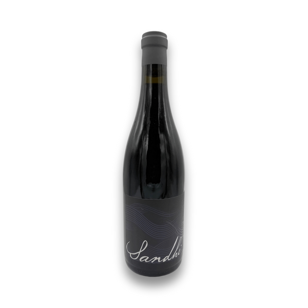 Sandhi Pinot Noir Sta. Rita Hills 2023 red wine bottle with matte black label and cursive logo