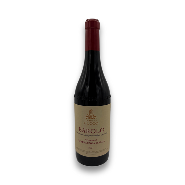 Tenuta Cucco Barolo Serralunga d'Alba 2021 red wine bottle with beige label and burgundy foil