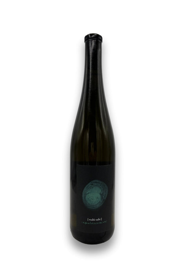 Wabi Sabi a.qu.a.l.e.i.t.en Blanc 2022 Austrian Riesling white wine bottle with matte black label and teal spiral design