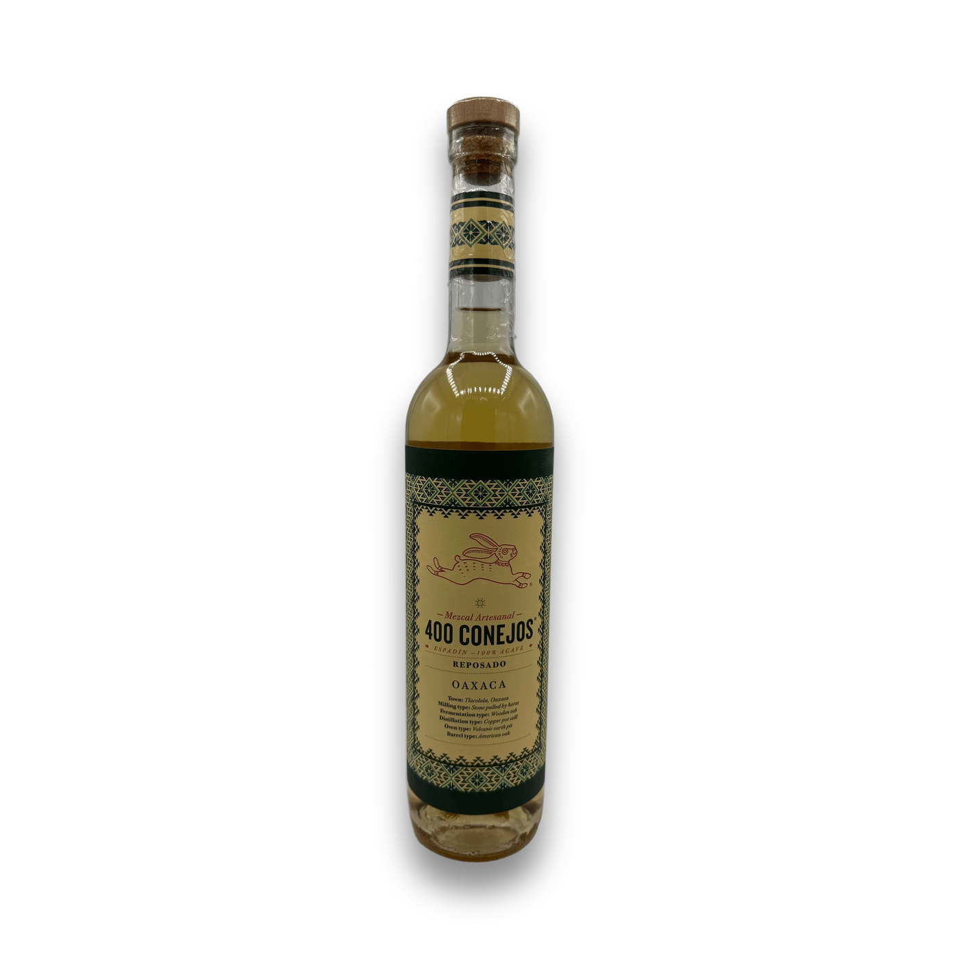 400 Conejos Reposado tequila bottle with geometric label and rabbit logo