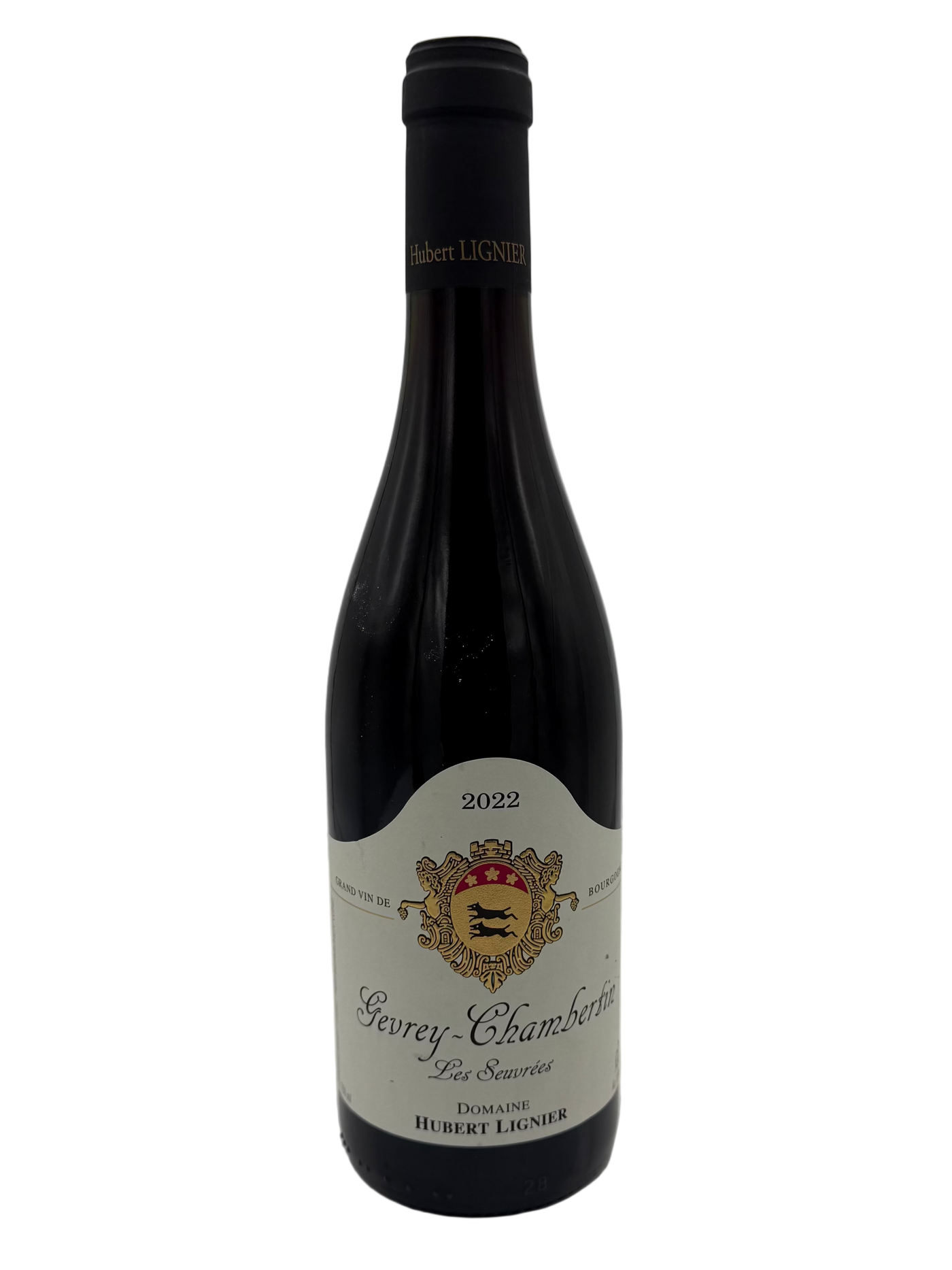Wine bottle with a visible label on a white background