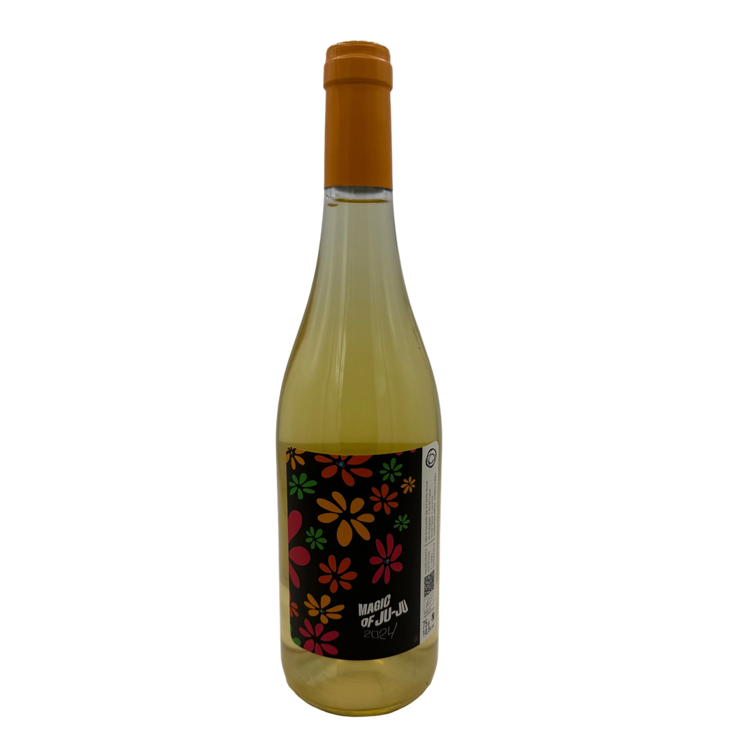 White Wine bottle with a colorful flower label on a white background