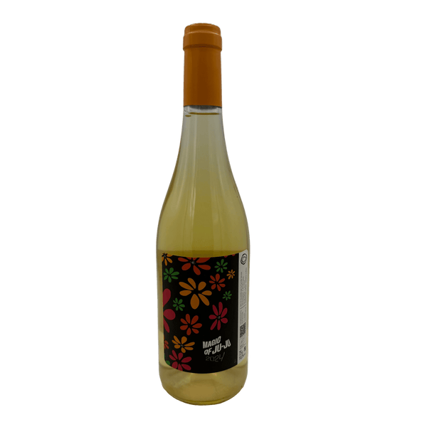 White Wine bottle with a colorful flower label on a white background