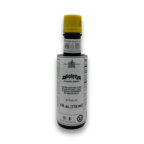 Angostura Aromatic Bitters 4oz dark glass bottle with yellow cap and heritage label