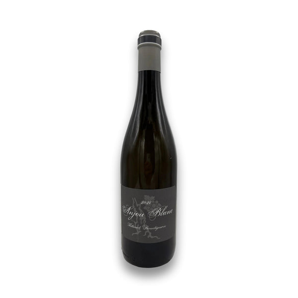 A dark glass wine bottle with a gray label and silver foil at the neck, photographed against a plain white background.