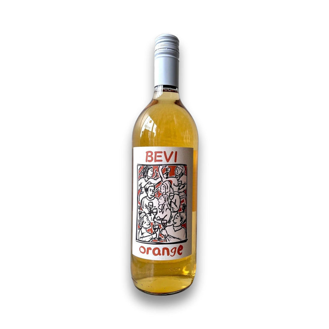 Bottle of BEVI orange wine with a white background