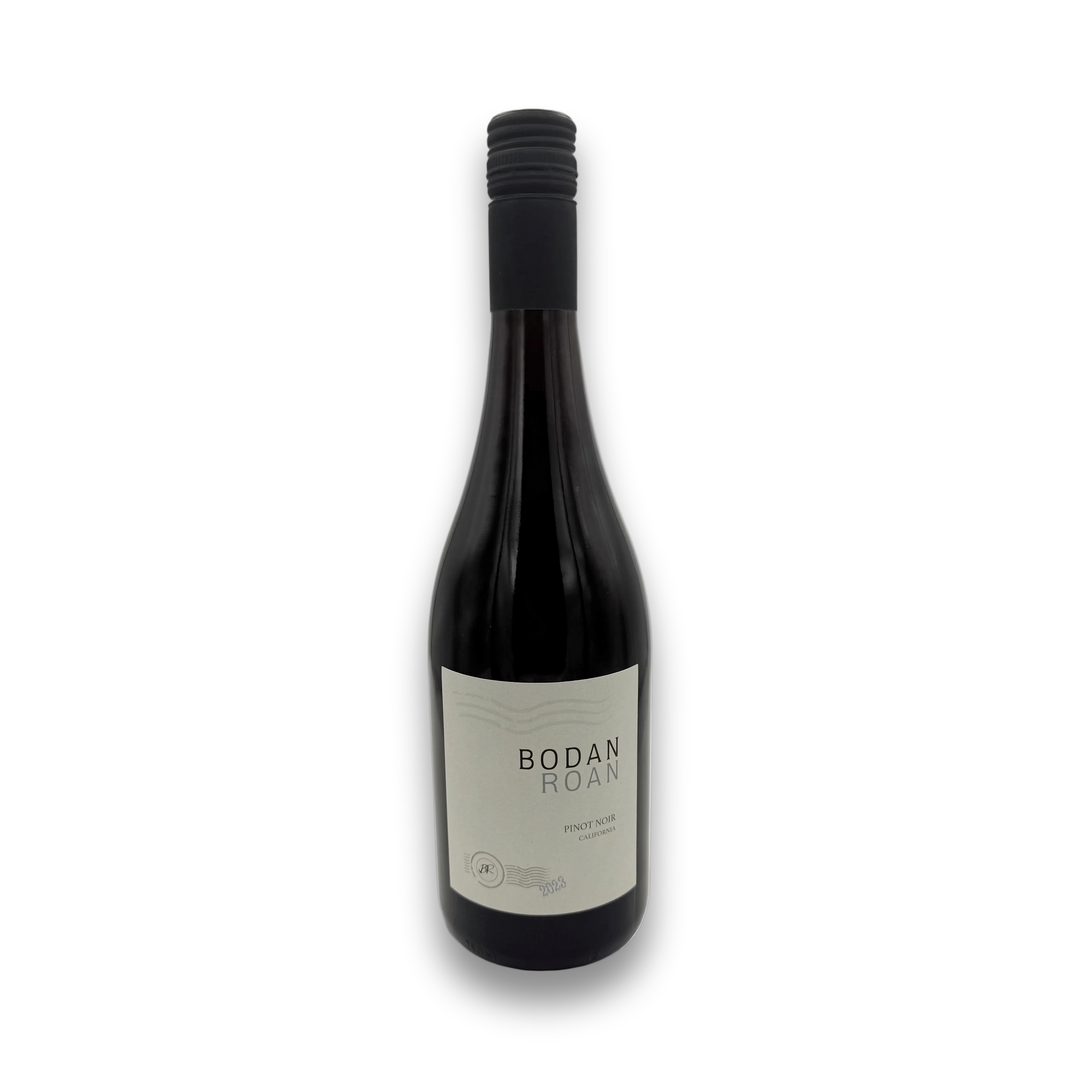 Bottle of Bodan Roan Pinot Noir, a light-to-medium bodied California red wine from Lodi with a minimalist white label