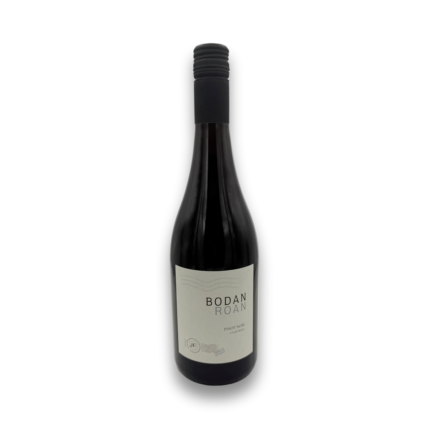 Bottle of Bodan Roan Pinot Noir, a light-to-medium bodied California red wine from Lodi with a minimalist white label