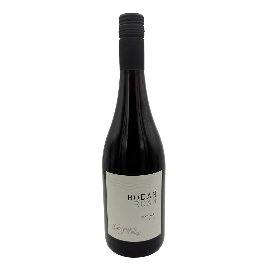 Bottle of Bodan Roan Pinot Noir, a light-to-medium bodied California red wine from Lodi with a minimalist white label