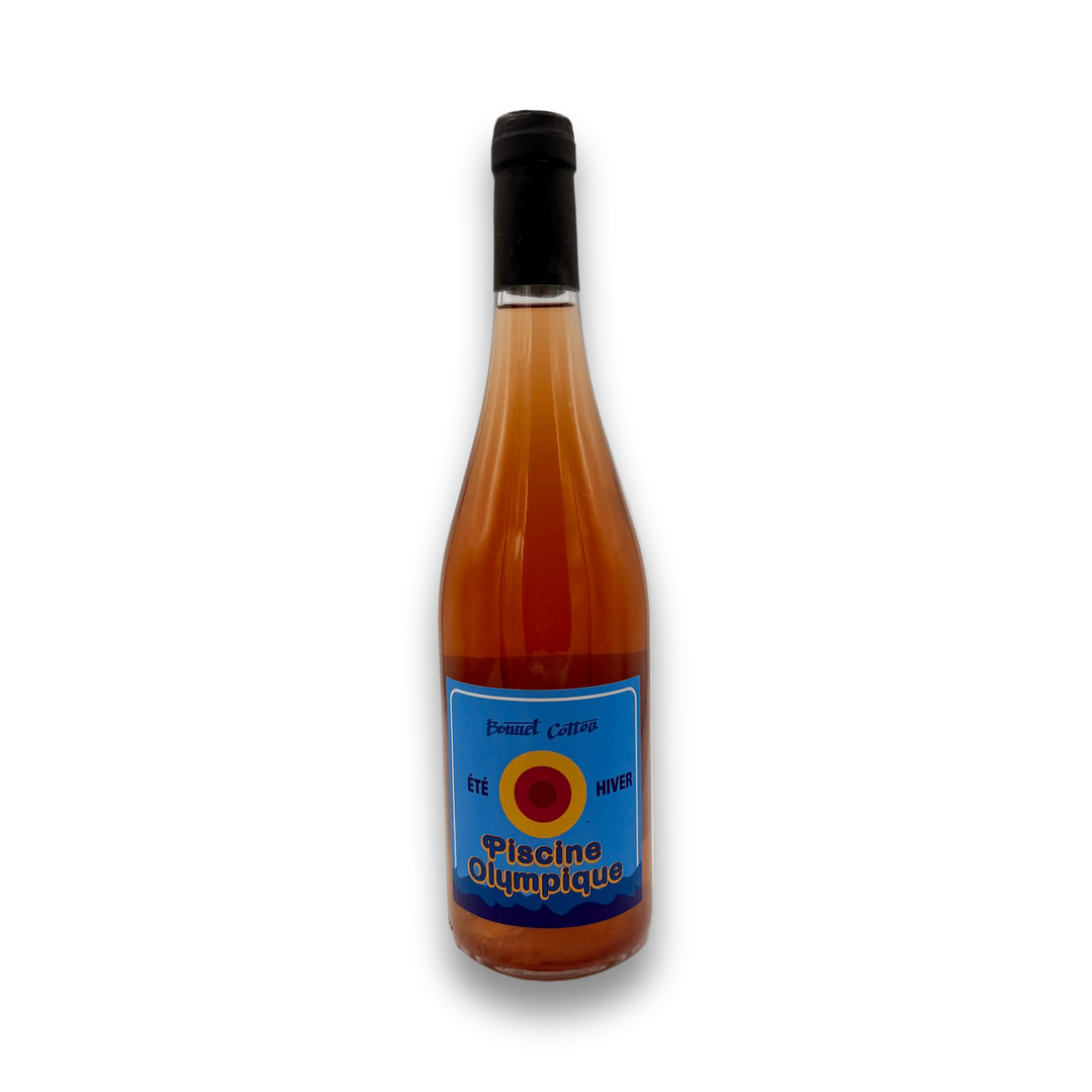 Bonnet Cotton Piscine Olympique 2024 red wine bottle with blue target label