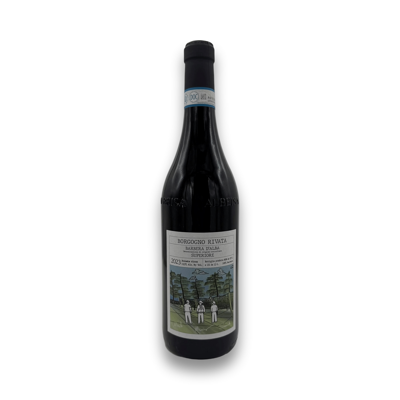 Borgogno Rivata Barbera d'Alba Superiore DOC 2023 red wine bottle with vineyard illustration label