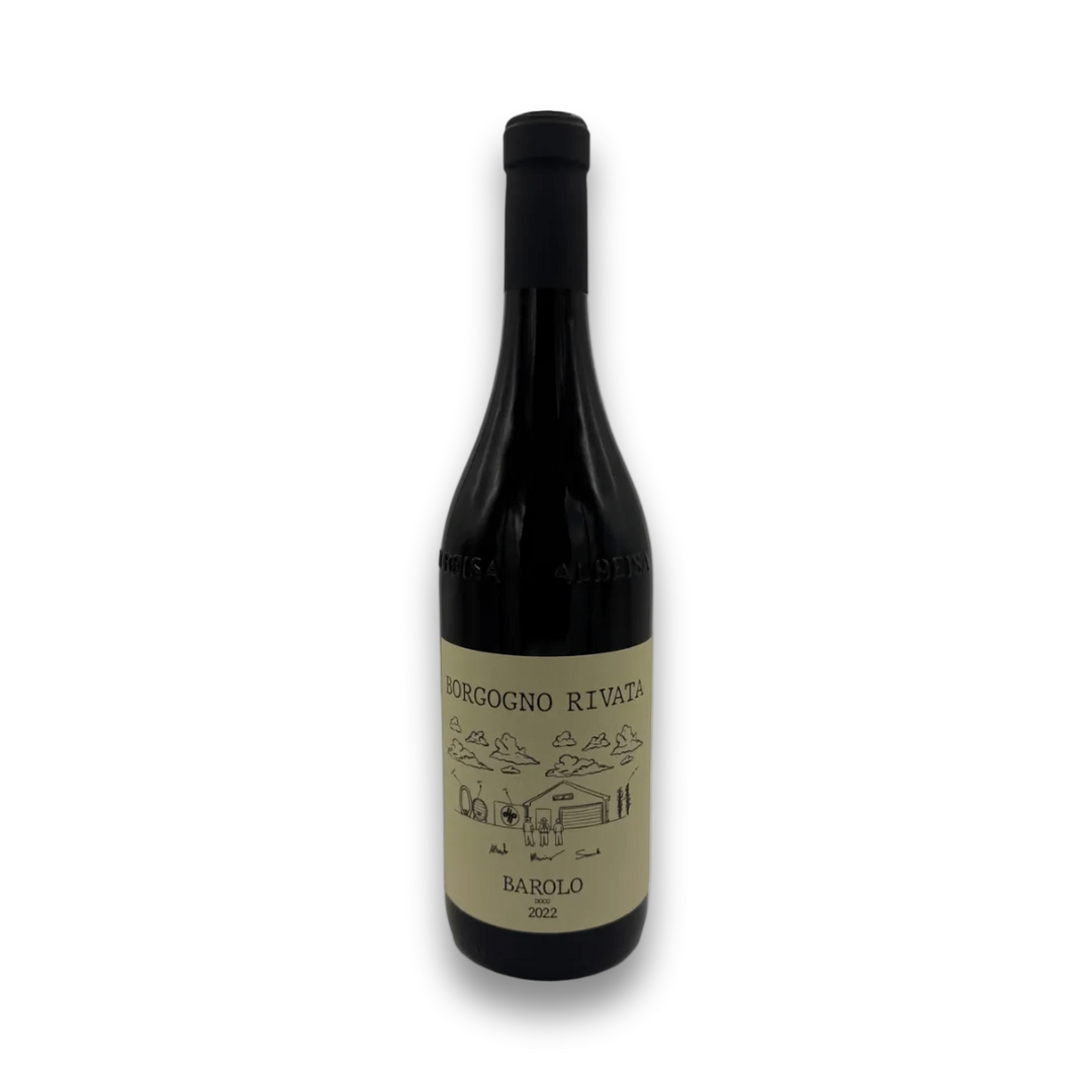 Borgogno Rivata Barolo DOCG 2022 Nebbiolo red wine bottle with beige label and rural illustration