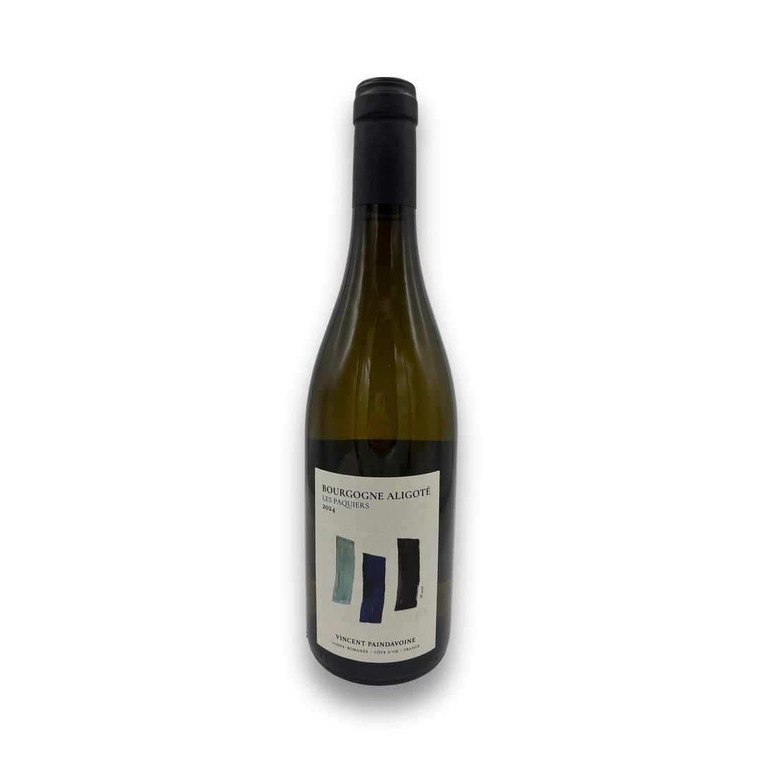 Bourgogne Aligote Les Paquiers 2024 white wine bottle by Vincent Paindavoine with abstract teal blue label