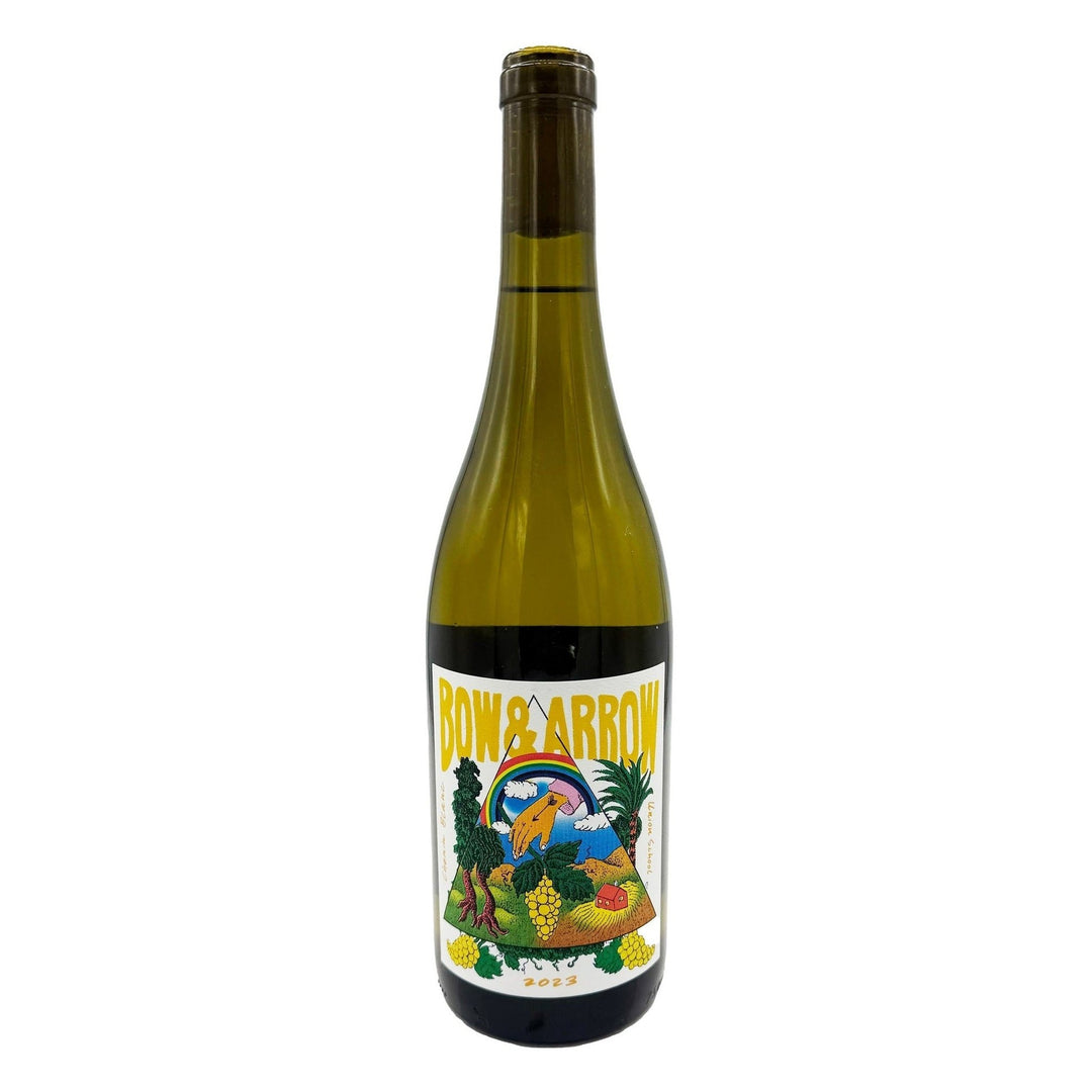 MFW Bow and Arrow Chenin Blanc 2023 white wine bottle with label and cork, showcasing a crisp, elegant design.