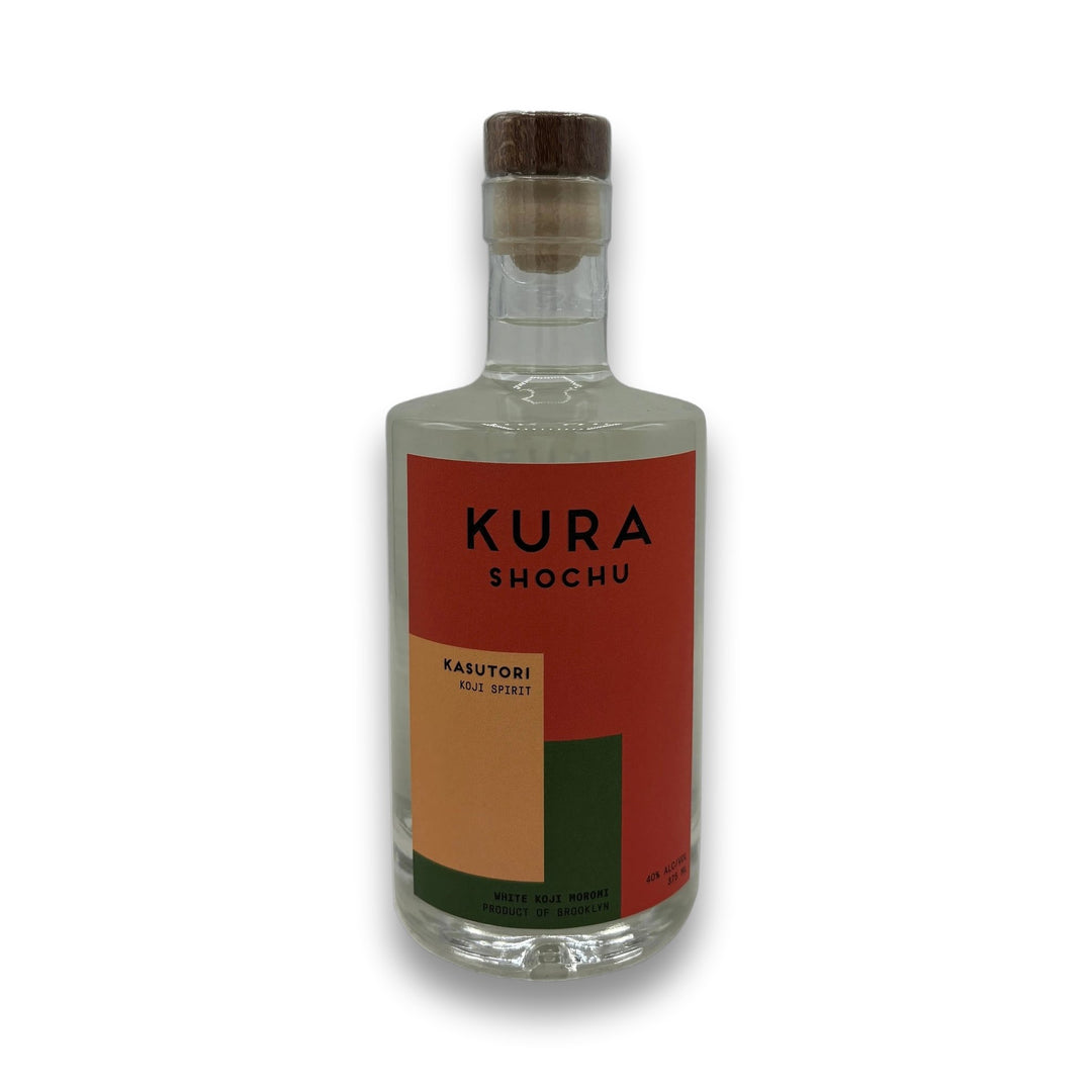 Brooklyn Kura Kasutori Shochu bottle with red geometric label and wood stopper