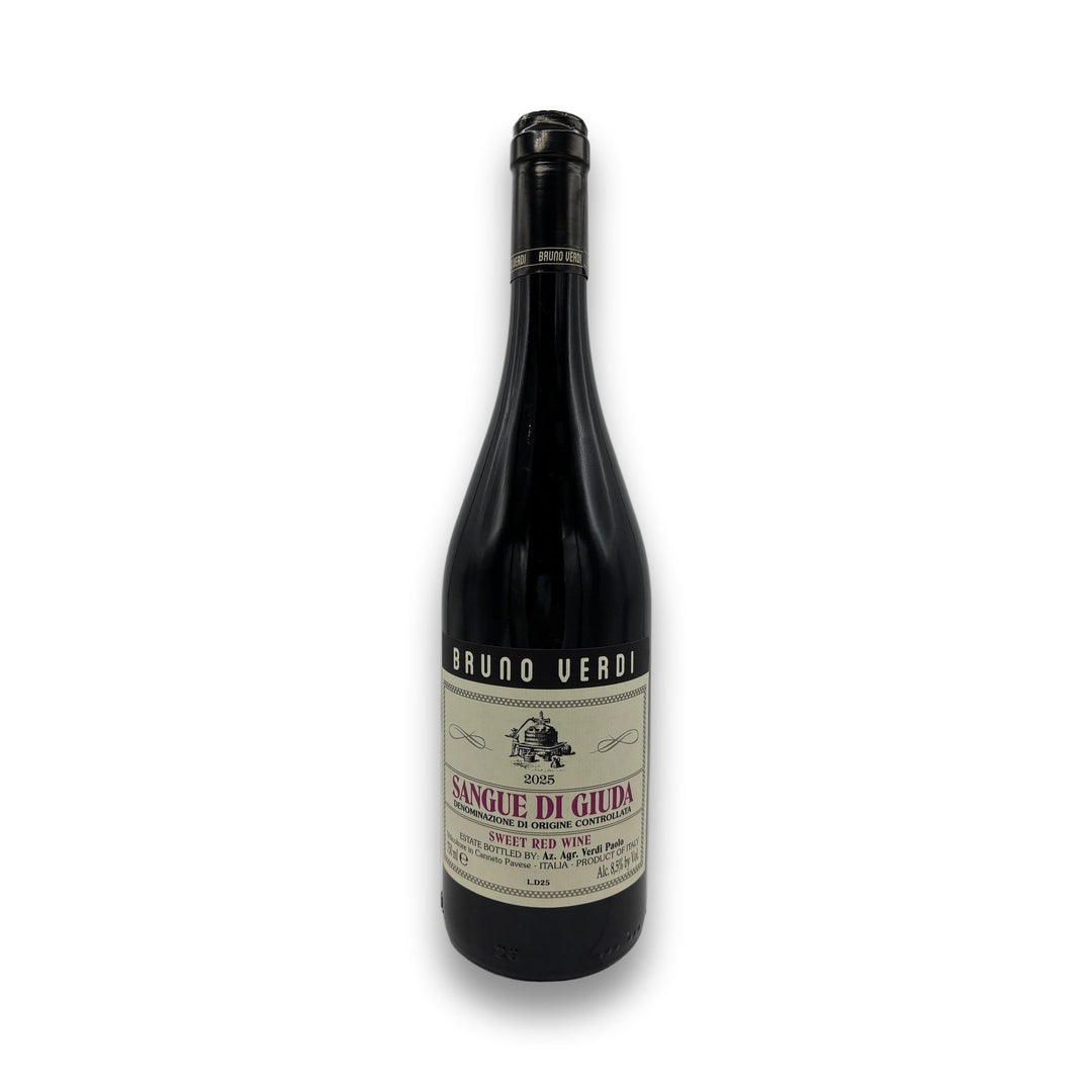 Bruno Verdi Sangue Di Giuda Paradiso 2025 sweet red wine bottle with cream label and black foil