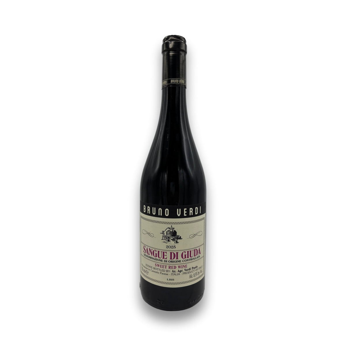 Bruno Verdi Sangue Di Giuda Paradiso 2025 sweet red wine bottle with cream label and black foil
