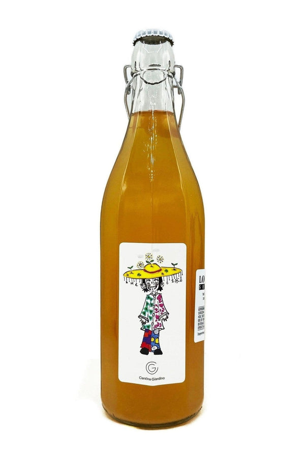 bottle of orange wine with a colorful label featuring a person in a yellow hat on a white background