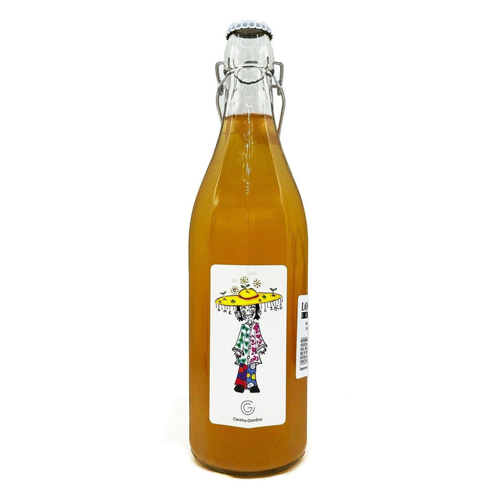 bottle of orange wine with a colorful label featuring a person in a yellow hat on a white background