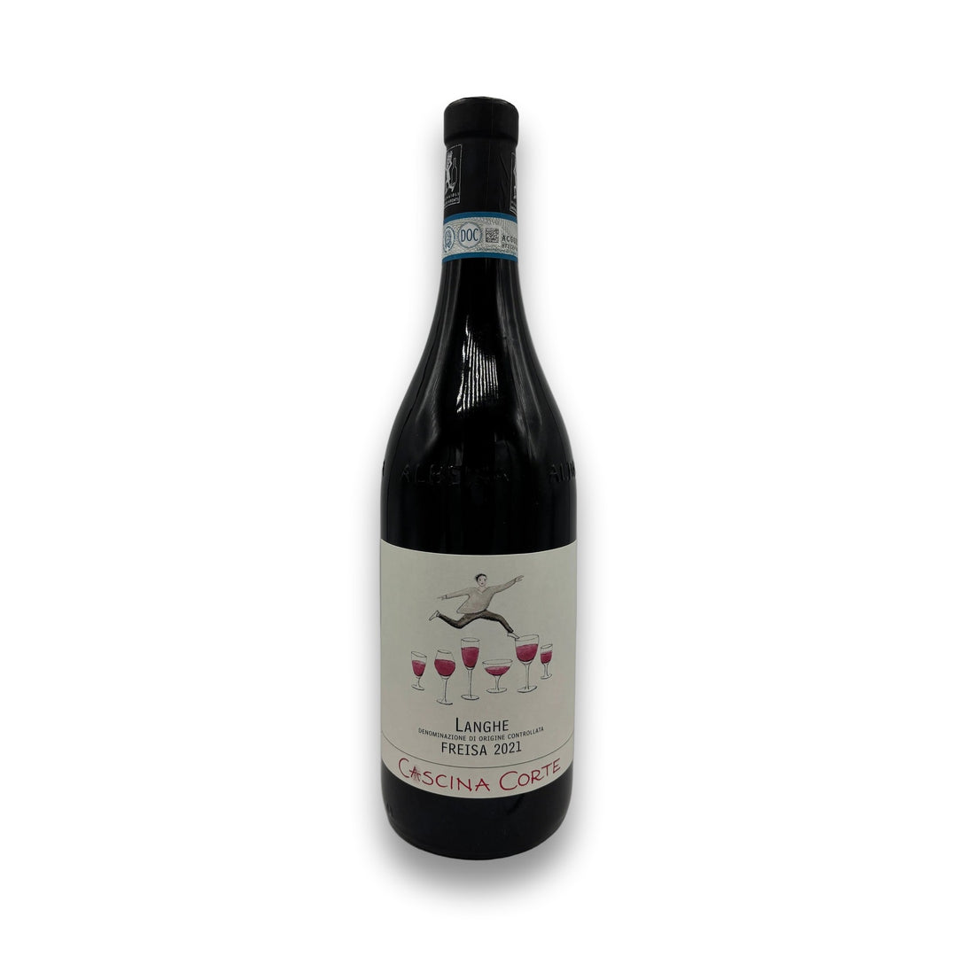 Cascina Corte Langhe Freisa 2021 red wine bottle with hand-drawn label illustration