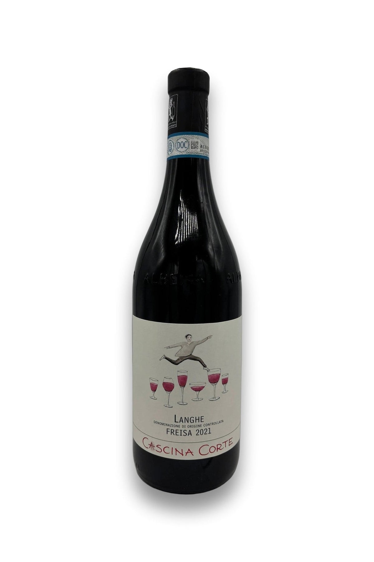 Cascina Corte Langhe Freisa 2021 red wine bottle with hand-drawn label illustration