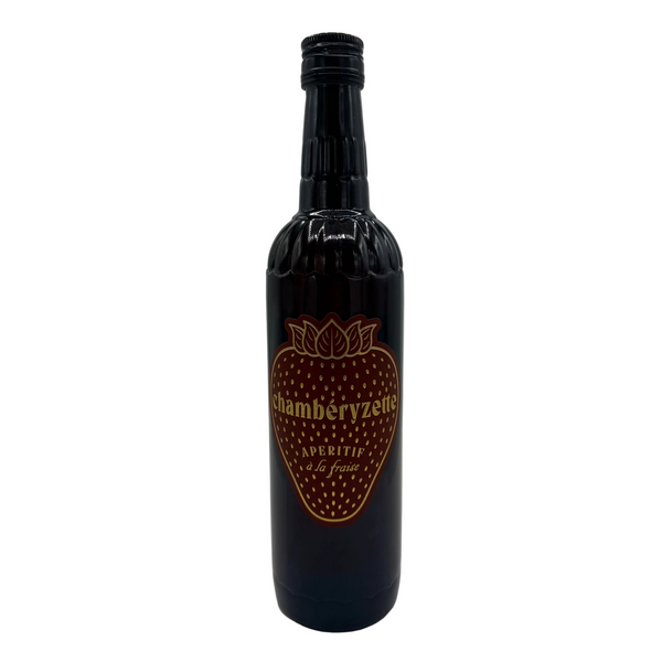 750ml bottle of Chamberyzette, a traditional French strawberry aperitif made with Vermouth de Chambéry, featuring a decorative vintage label.