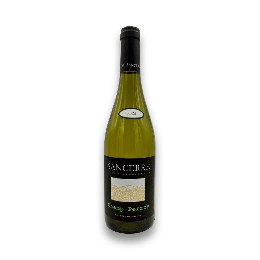 Champ-Perroy Sancerre 2025 white wine bottle with black label and gold vineyard illustration
