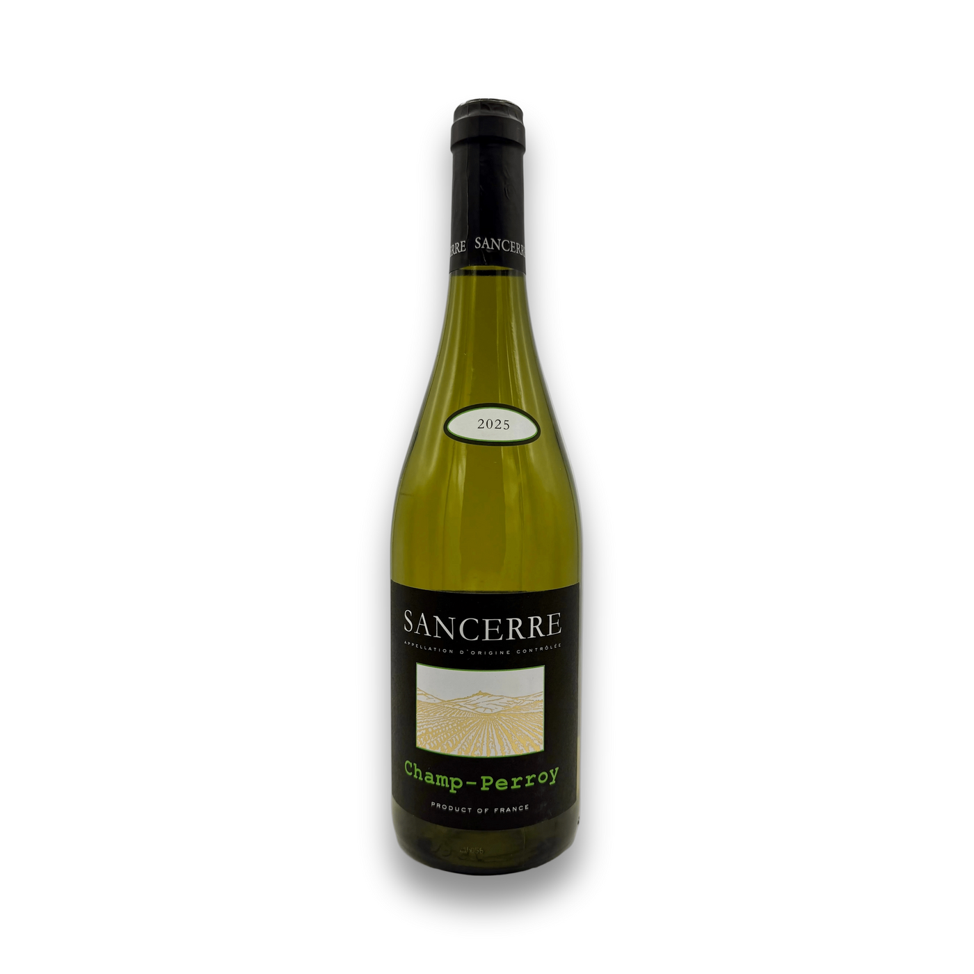 Champ-Perroy Sancerre 2025 white wine bottle with black label and gold vineyard illustration
