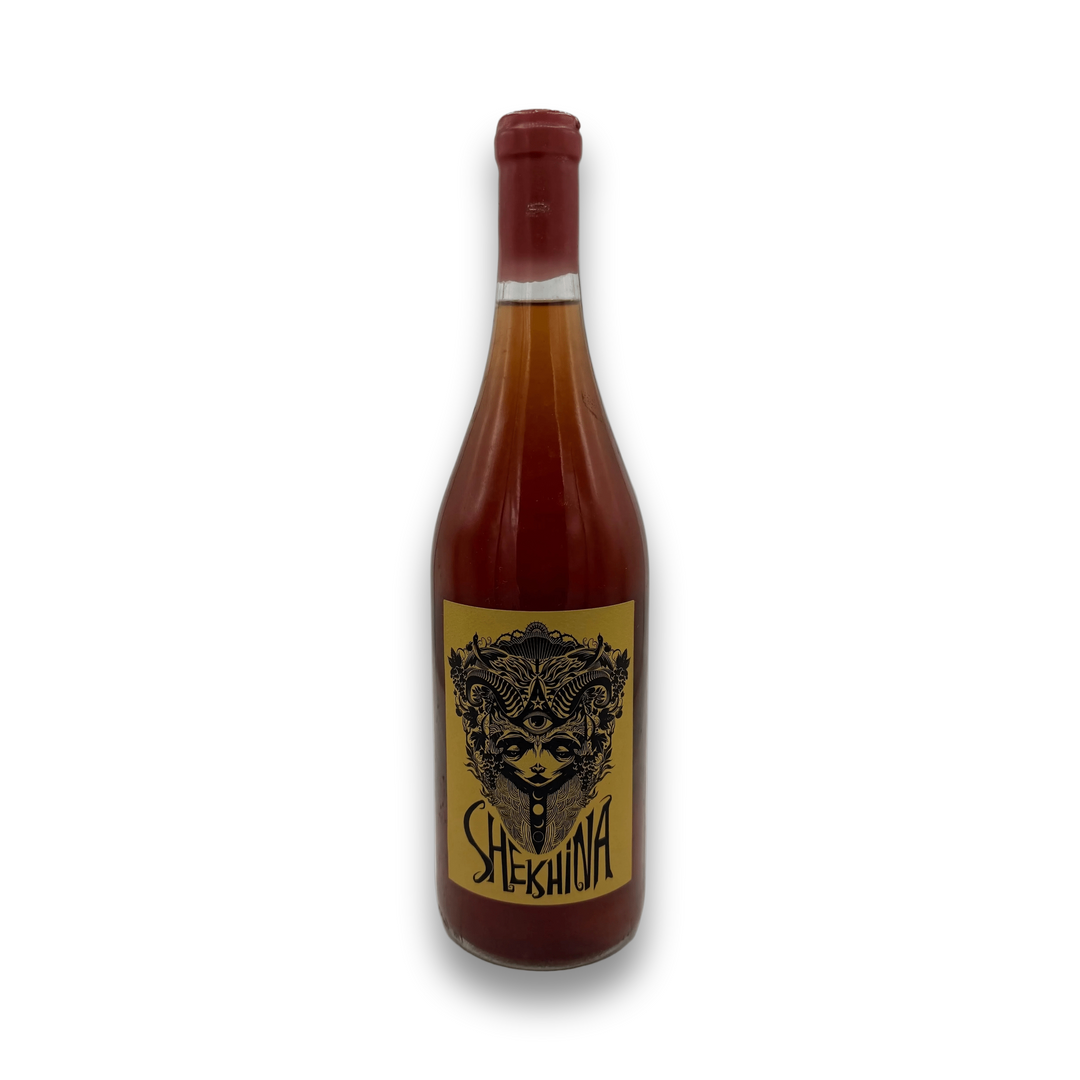 Chertok Shekhina Vermont Apple Orange Wine bottle with amber liquid and stylized face label