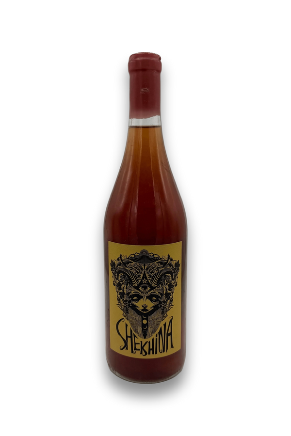 Chertok Shekhina Vermont Apple Orange Wine bottle with amber liquid and stylized face label