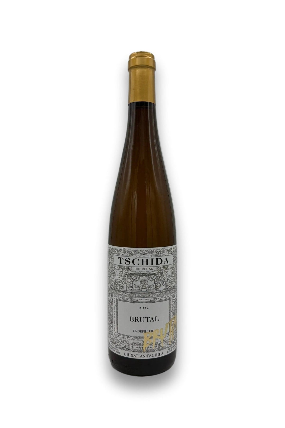 Christian Tschida Brutal White 2022 Austrian organic white wine bottle with ornate label