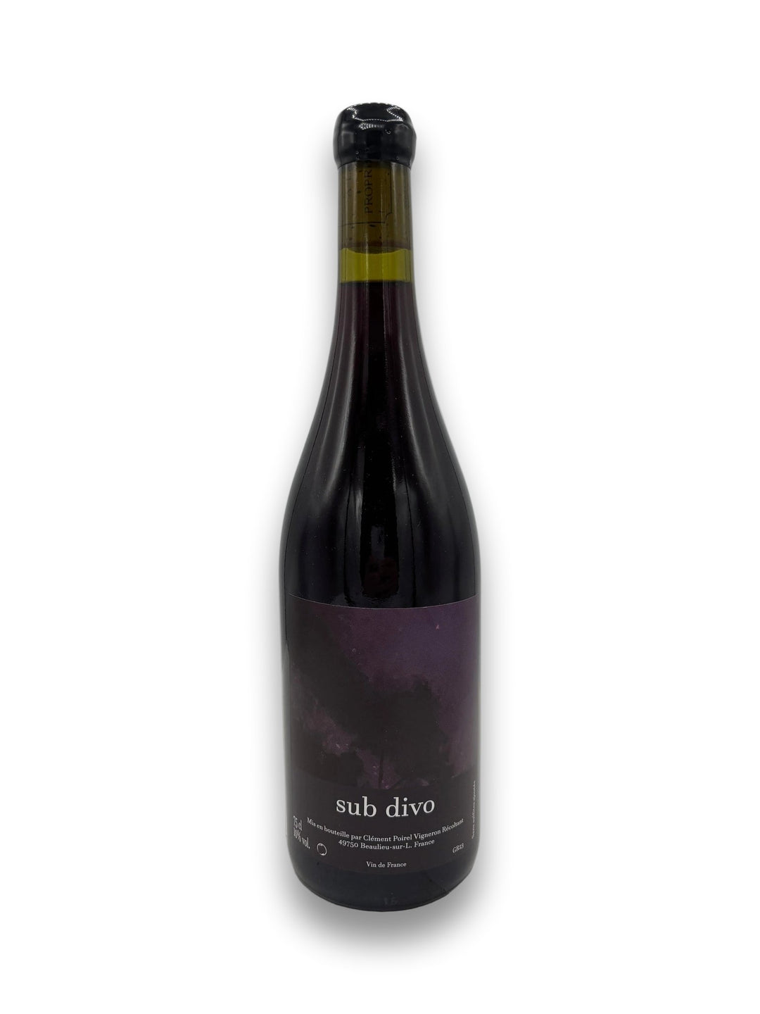 Clement Poirel Sub Divo 2023 red wine bottle with dark purple label and Bordeaux shape