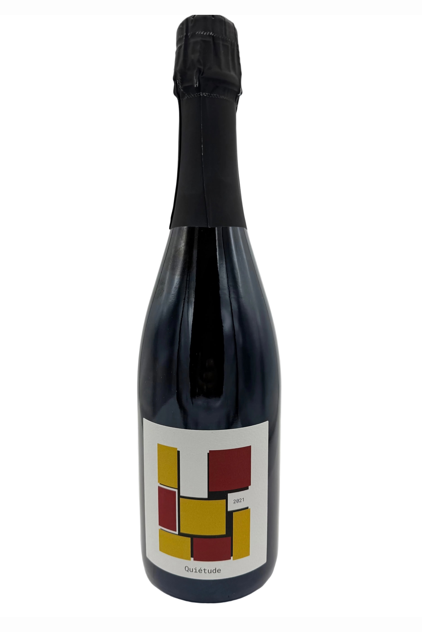 Bottle of sparkling wine with colorful red and yellow squares on it's label on a white background