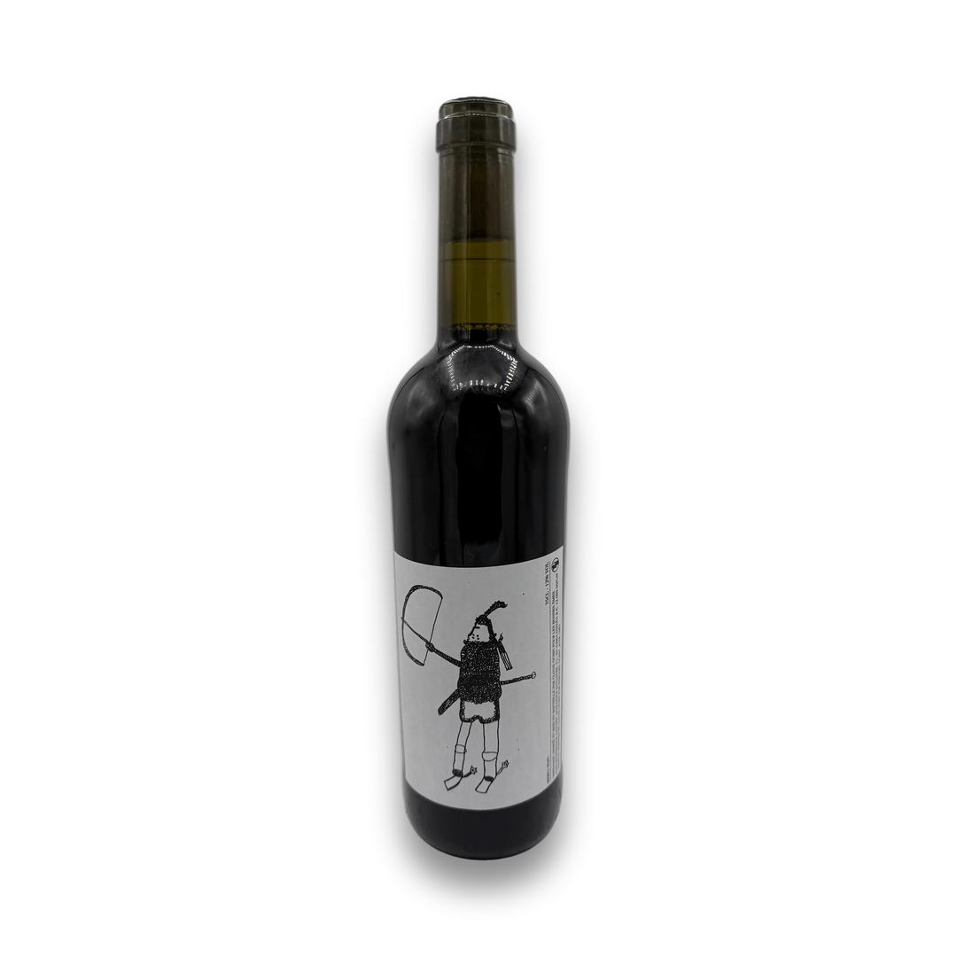 Clovis Ochin Merci Papa Dame Jeanne Bobal Garnacha 2023 red wine bottle with illustrated label