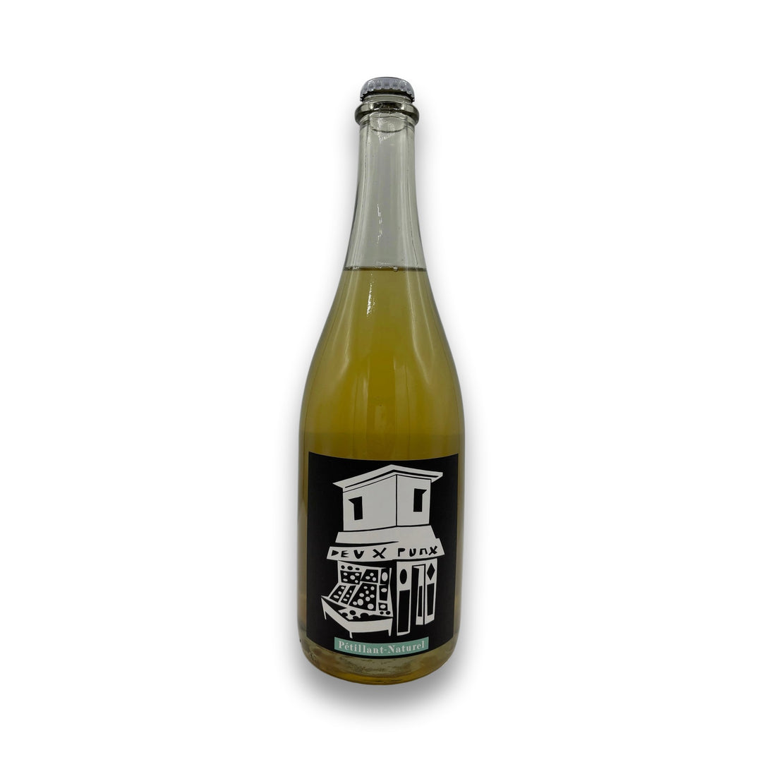 Deux Punx Muscat Petnat 2022 sparkling wine bottle with black label and geometric storefront graphic