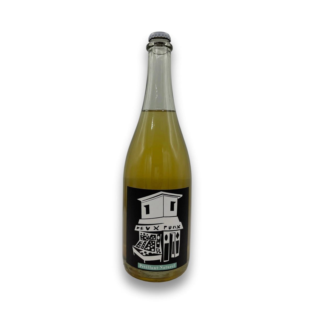 Deux Punx Muscat Petnat 2022 sparkling wine bottle with black label and geometric storefront graphic