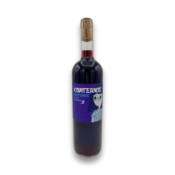 Dimakopoulos Koritsanos The Black 2022 organic red wine bottle with purple label and goat logo