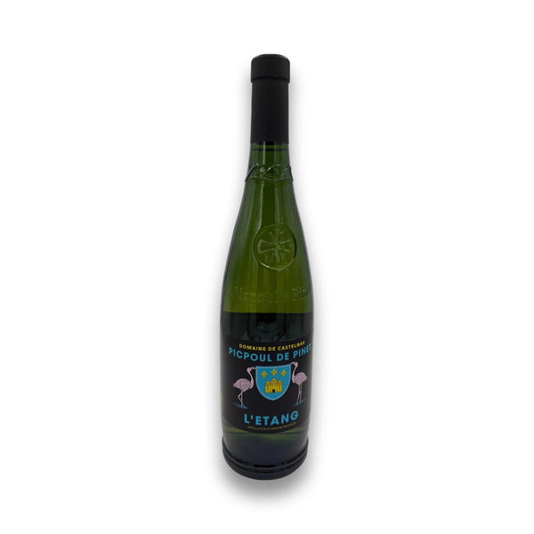 Domaine de Castelnau Picpoul de Pinet Cuvee L'Etang 2024 white wine bottle with flamingo label